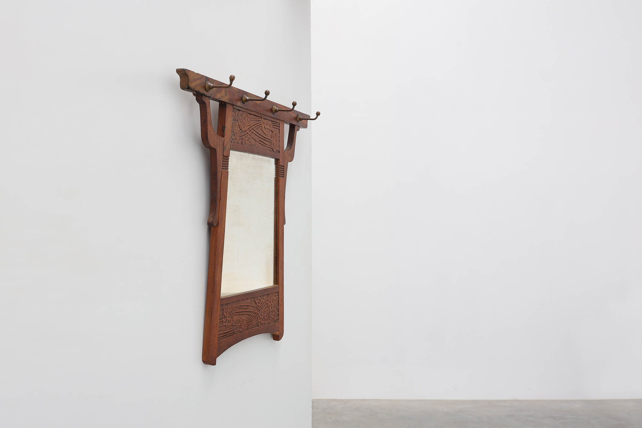 Art Nouveau Oak Coat Rack with Mirror and Floral Carvings, Belgium, circa 1910thumbnail